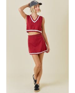 V NECK STRIPE SWEATER TOP WITH MATCHING SKIRT 
