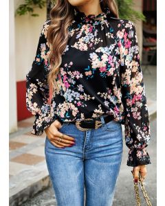 Women Floral Long Sleeve Mock Neck Shirt