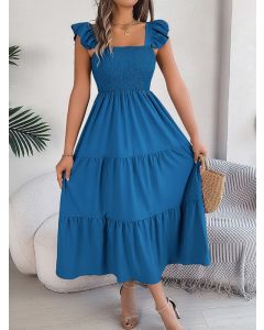 Women Solid Flared Sleeve Long Tiered Dress