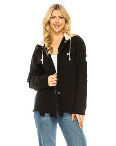 Women Washed Button Down Jacket With Hoodie