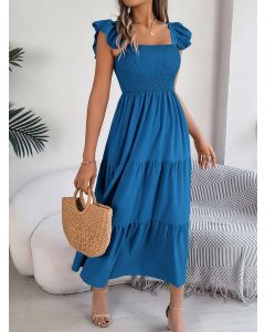 Women Solid Flared Sleeve Long Tiered Dress