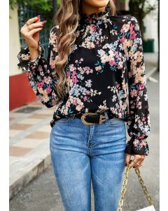 Women Floral Long Sleeve Mock Neck Shirt
