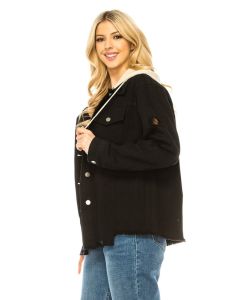 Women Washed Button Down Jacket With Hoodie