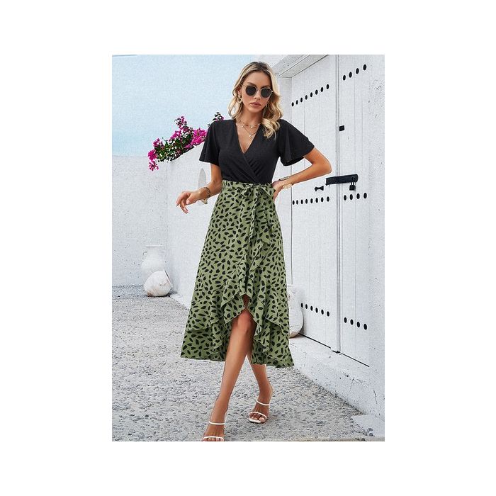 Ribbon Tie V Neck Midi Dress