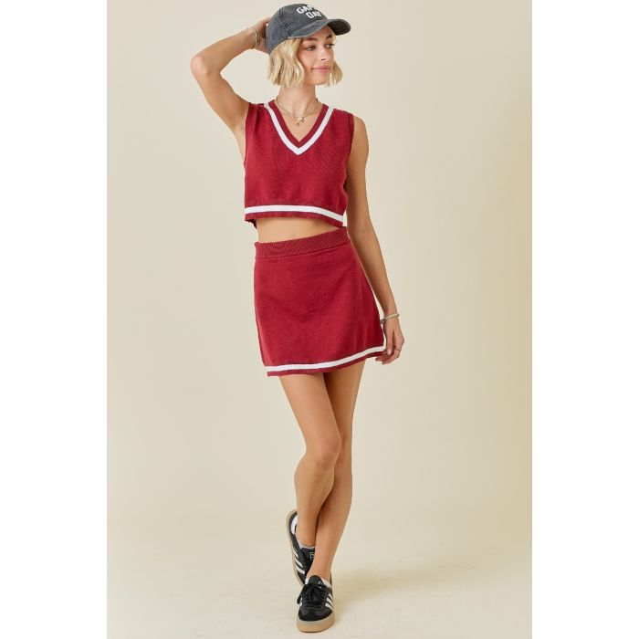V NECK STRIPE SWEATER TOP WITH MATCHING SKIRT 