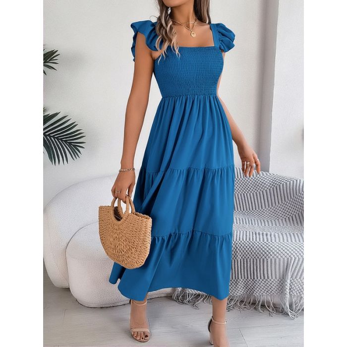 Women Solid Flared Sleeve Long Tiered Dress