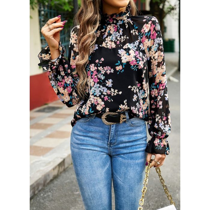 Women Floral Long Sleeve Mock Neck Shirt
