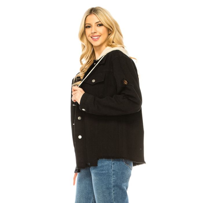 Women Washed Button Down Jacket With Hoodie